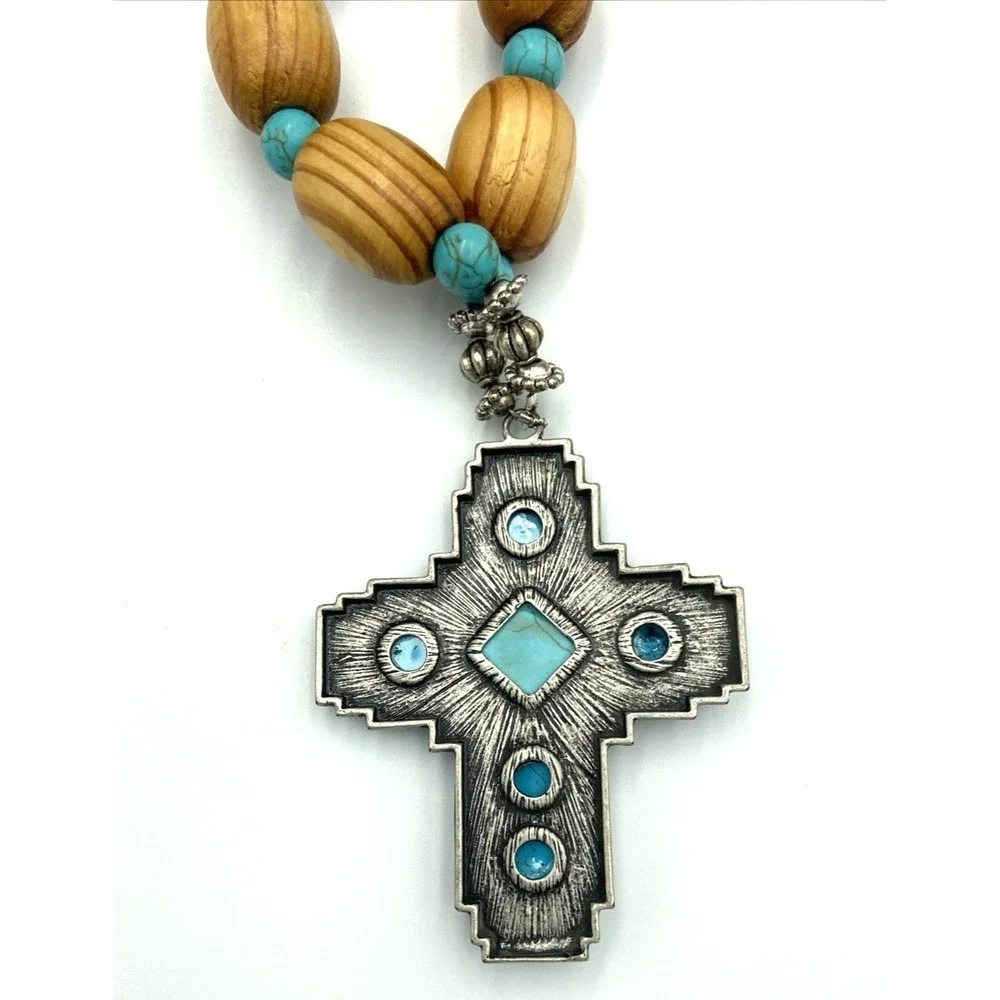 Rosary Wood & Metal Crucifix Cross Silver Toned & Turquoise Colored Beads 32
